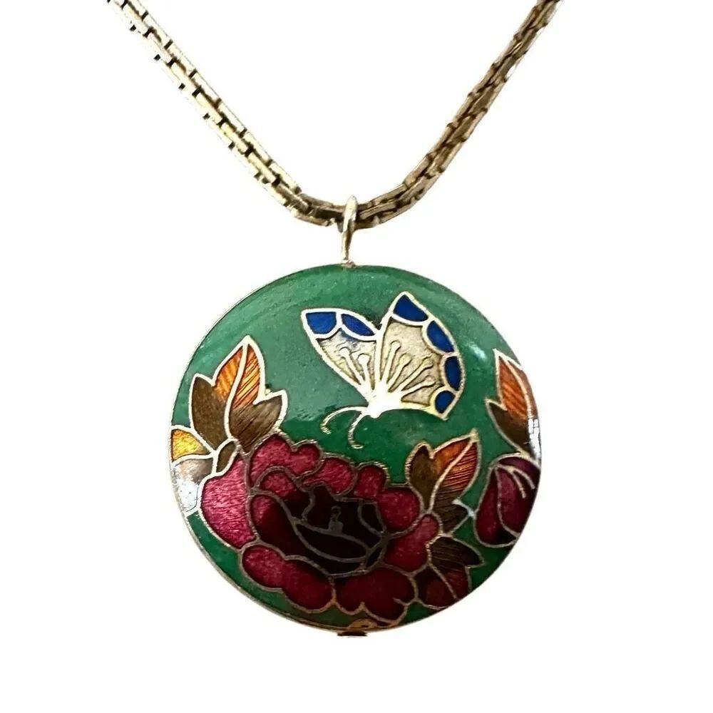 Vintage cloisonné double sided butterfly pendant necklace